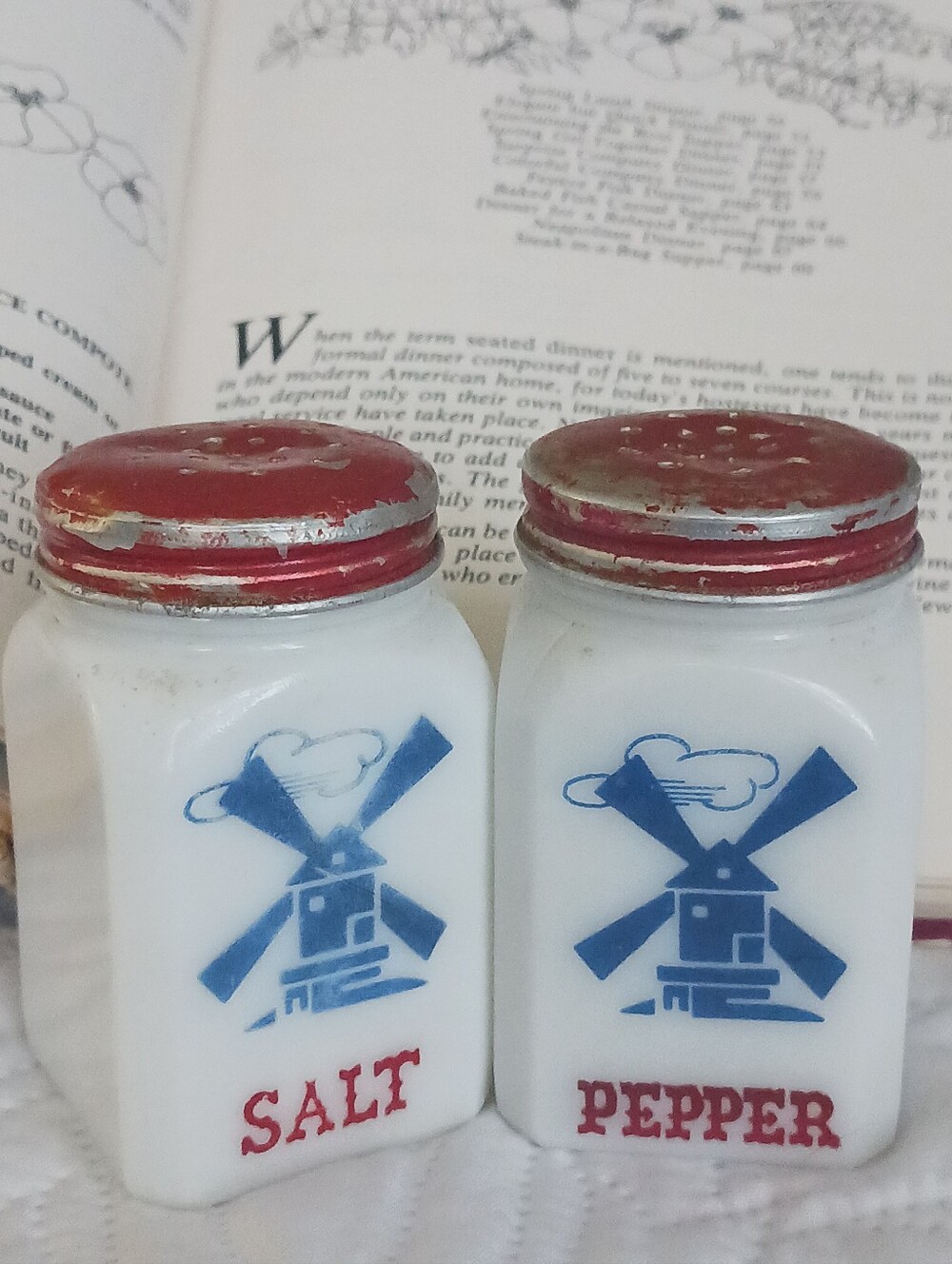 Vintage Milk Glass Salt & Pepper Shakers with Windmill Design Red White Blue